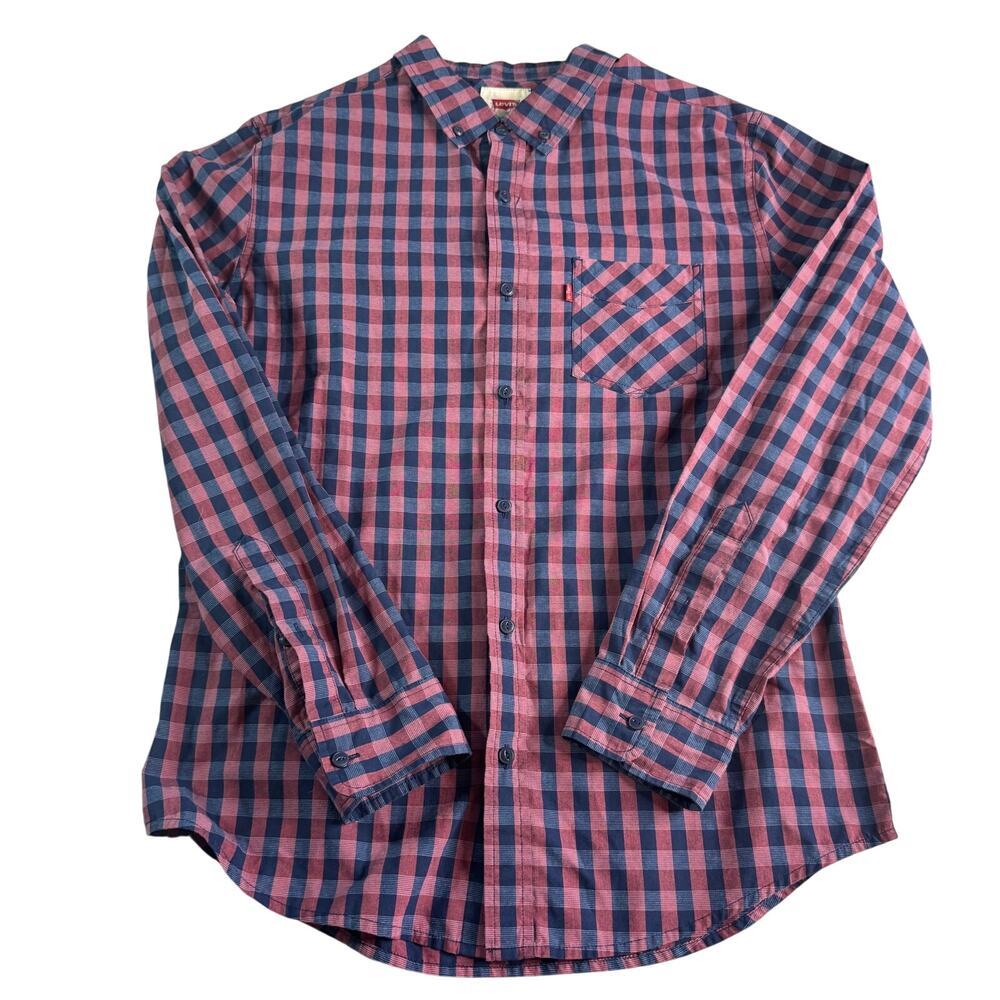 Levi's Mens Medium Plaid Button Down Shirt Red Blue Long Sleeve Pocket